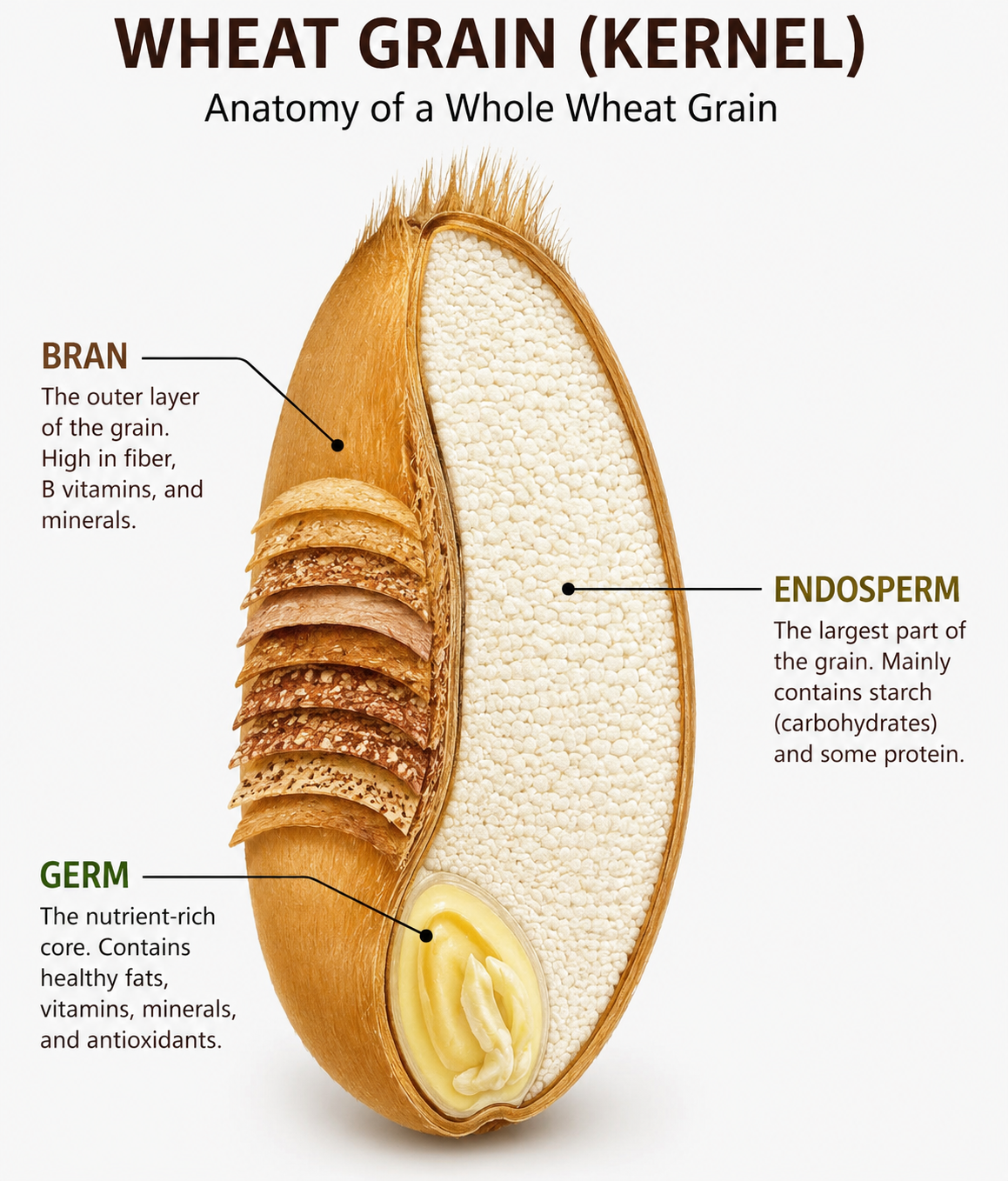 Wheat grain anatomy showing bran, germ, and endosperm
